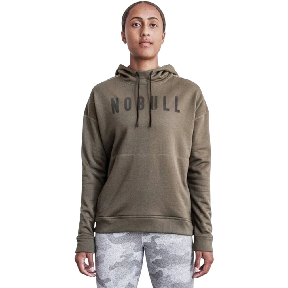NoBull Women's Olive Green Logo Hoodie Pullover Athletic Sweatshirt Size S‎